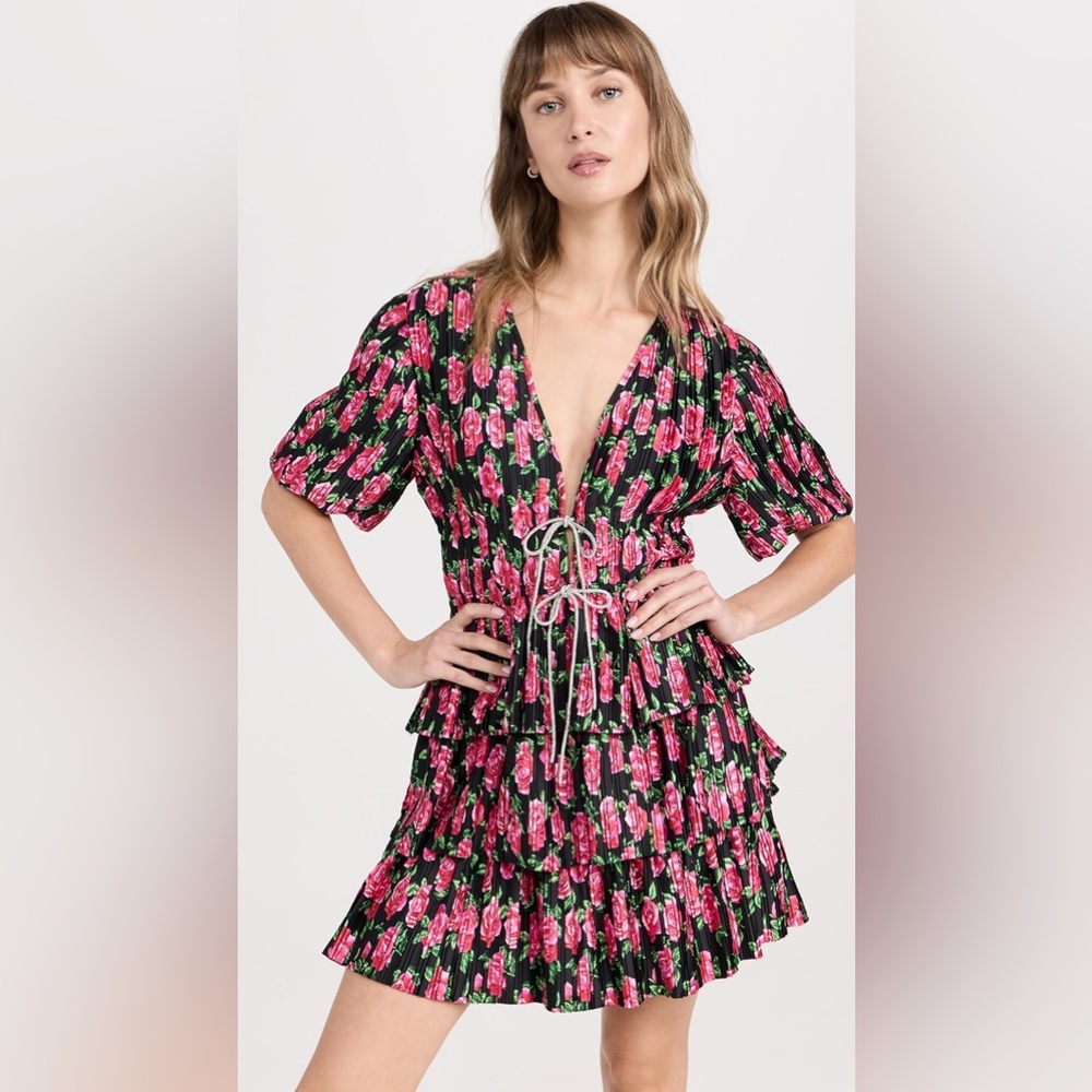 WAYF Tie Front Mini Dress in Black with Roses Print (L) NWOT